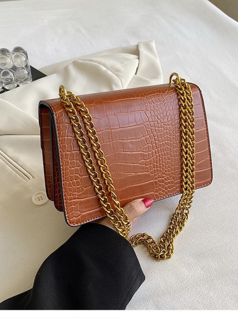 Lion-Emblem Croc-Texture Shoulder Bag in Cognac - Picture 5 of 5
